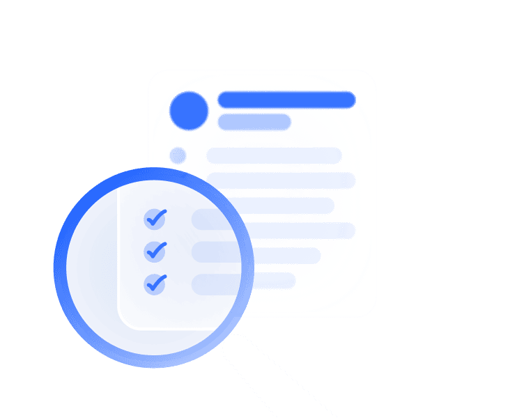 Magnifying glass inspecting a document with checkmarks, symbolizing analysis and data review.
